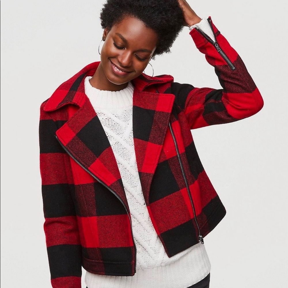 SOLD NWT LOFT Buffalo Check Wool Moto Jacket